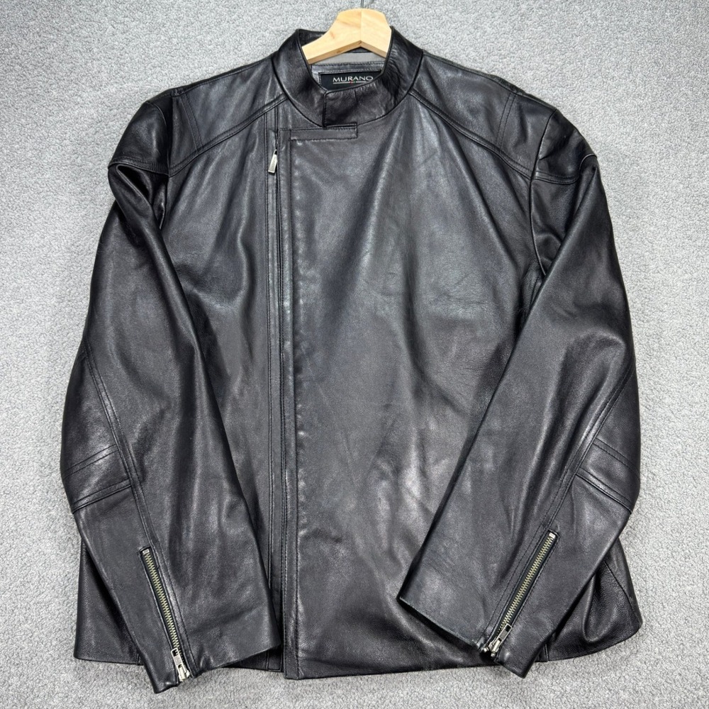 MURANO Lambskin Leather Jacket Men's L Black Genuine Cafe Racer Asymmetric Zip